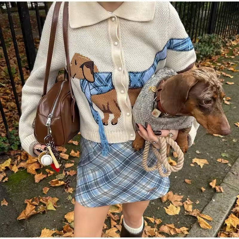 Warm button-up knit cardigan with cozy dog print, perfect for dog lovers and fans of cute, soft fall fashion knitwear