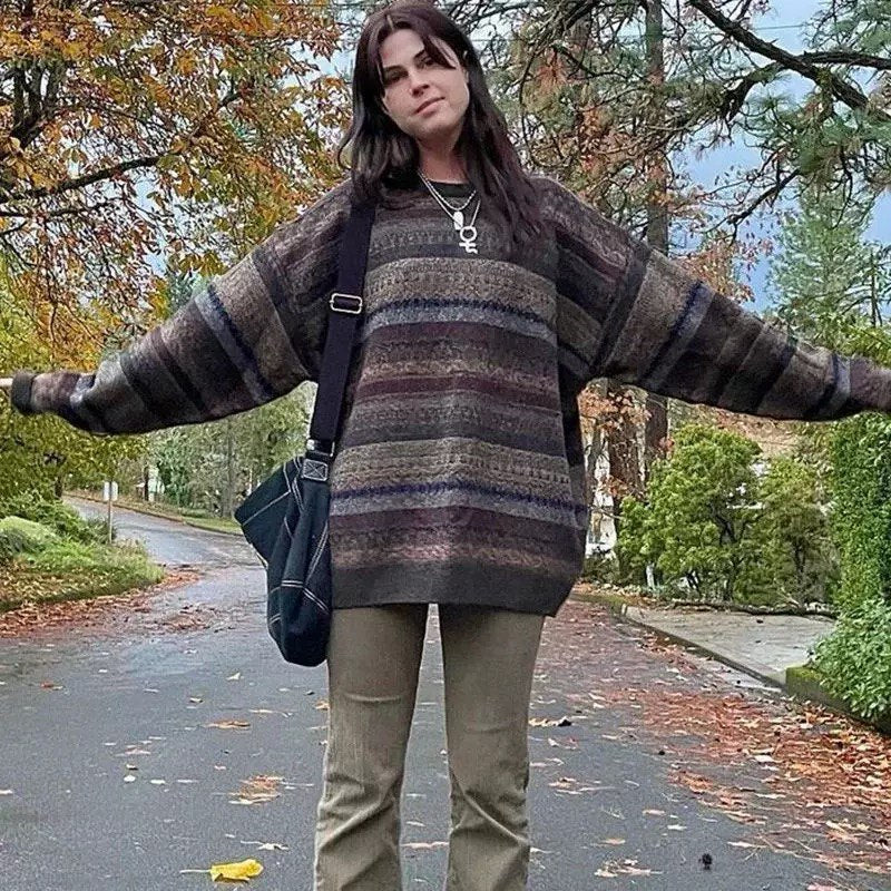 Retro grunge striped knitted sweater with vintage grandpa aesthetic for women