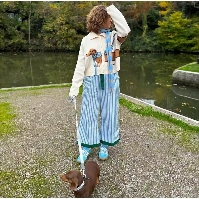 Vintage-inspired knit cardigan with dog print, soft and stylish buttoned outerwear for ladies with relaxed fit and charm