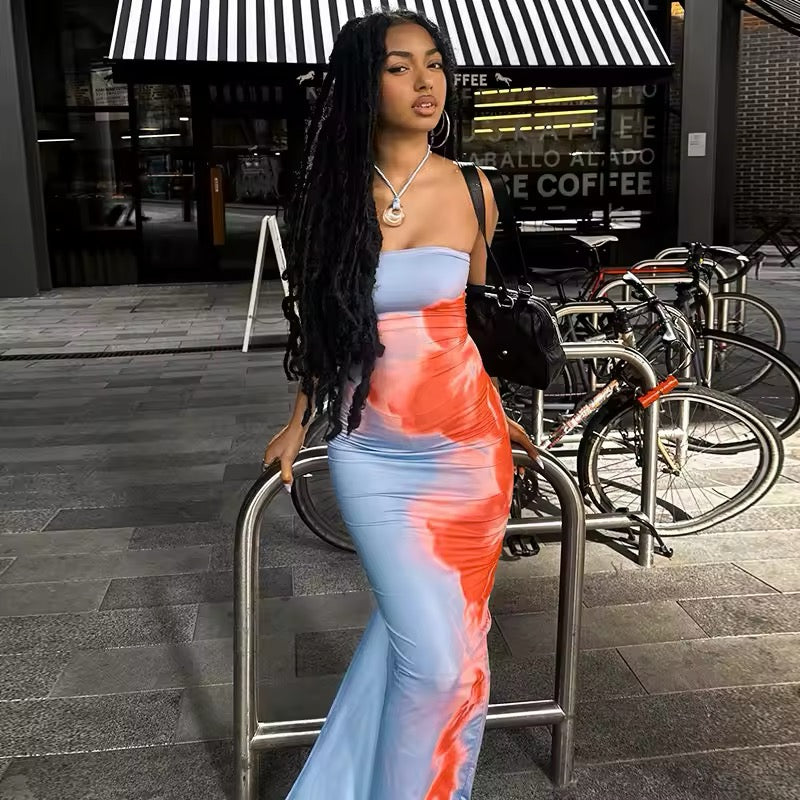 Sexy off shoulder Y2K maxi dress with bold print and slit