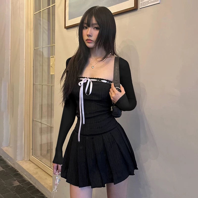 Elegant Black Coquette Mini Dress with lace trim and square collar
