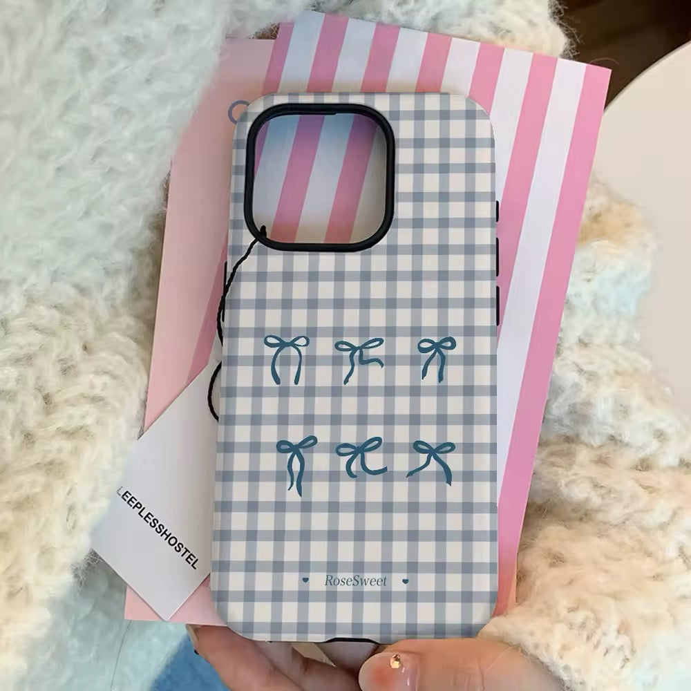 Coquette Bow Grid iPhone Case with Blue Plaid Aesthetic Design
