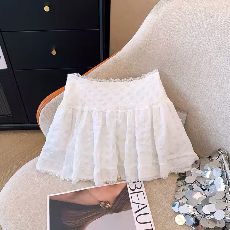 Balletcore ruffled white mini skirt with lace trim
