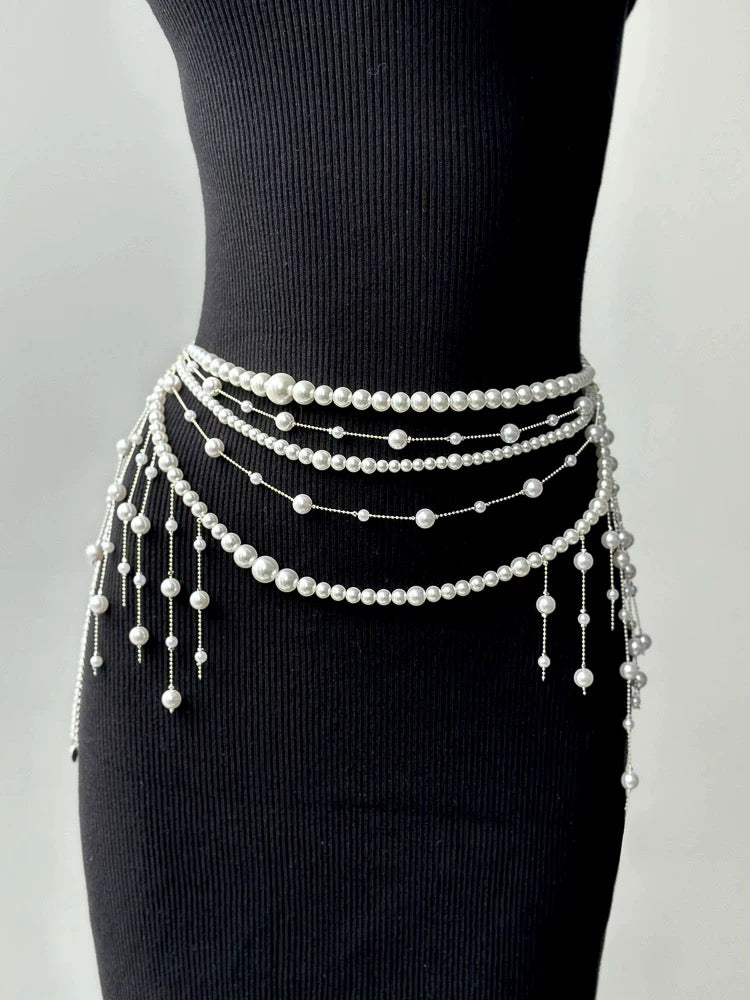 Cottagecore pearl waist chain belt layered on skirt