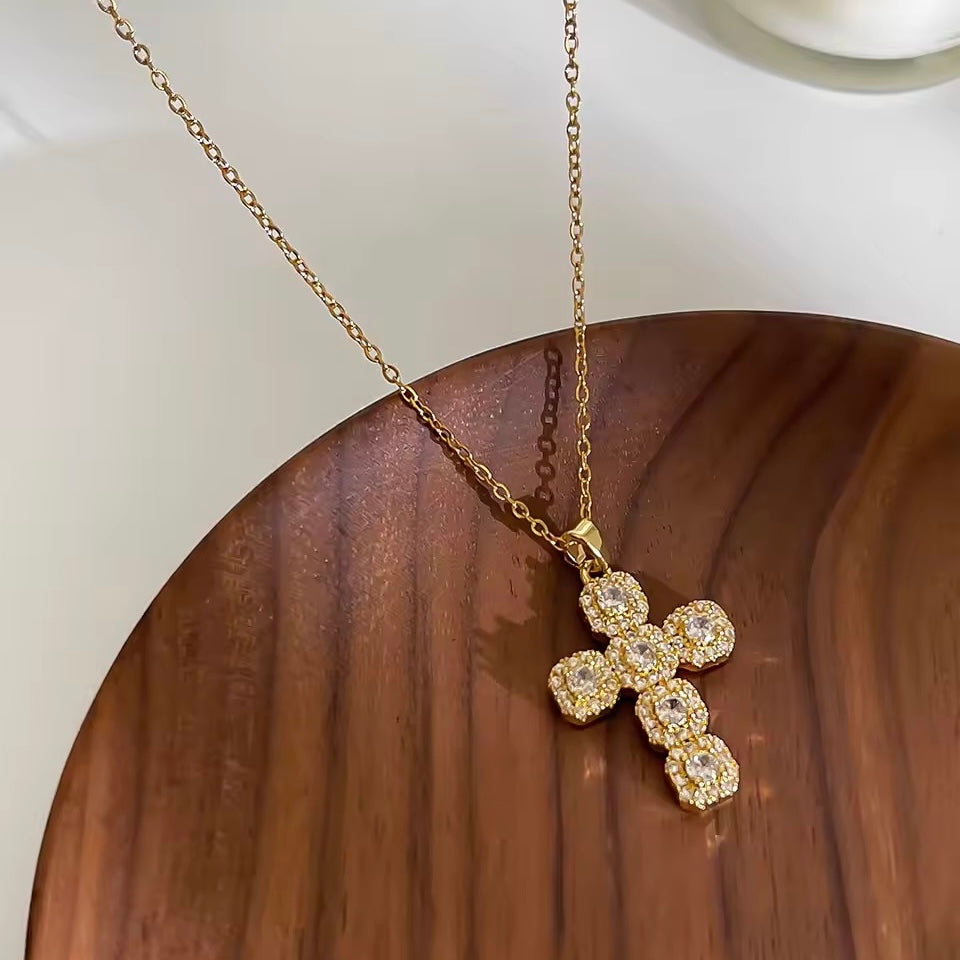 Elegant baroque cross pendant necklace with cubic zirconia