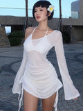 Sexy white beach mini dress with ruched details and lace-up design