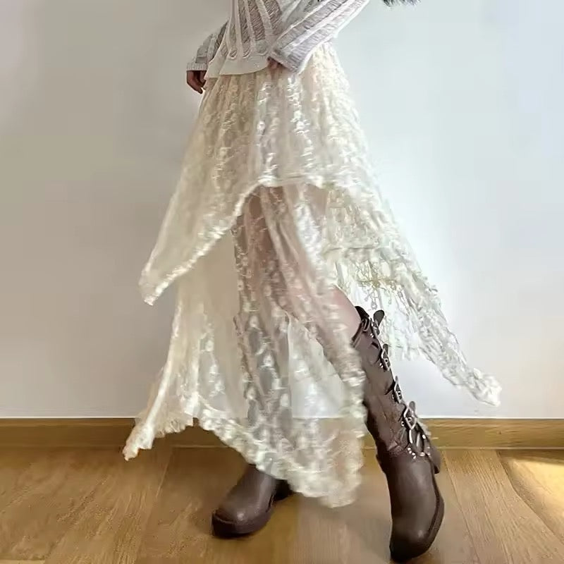 Beige midi skirt with boho lace and fairycore vibes
