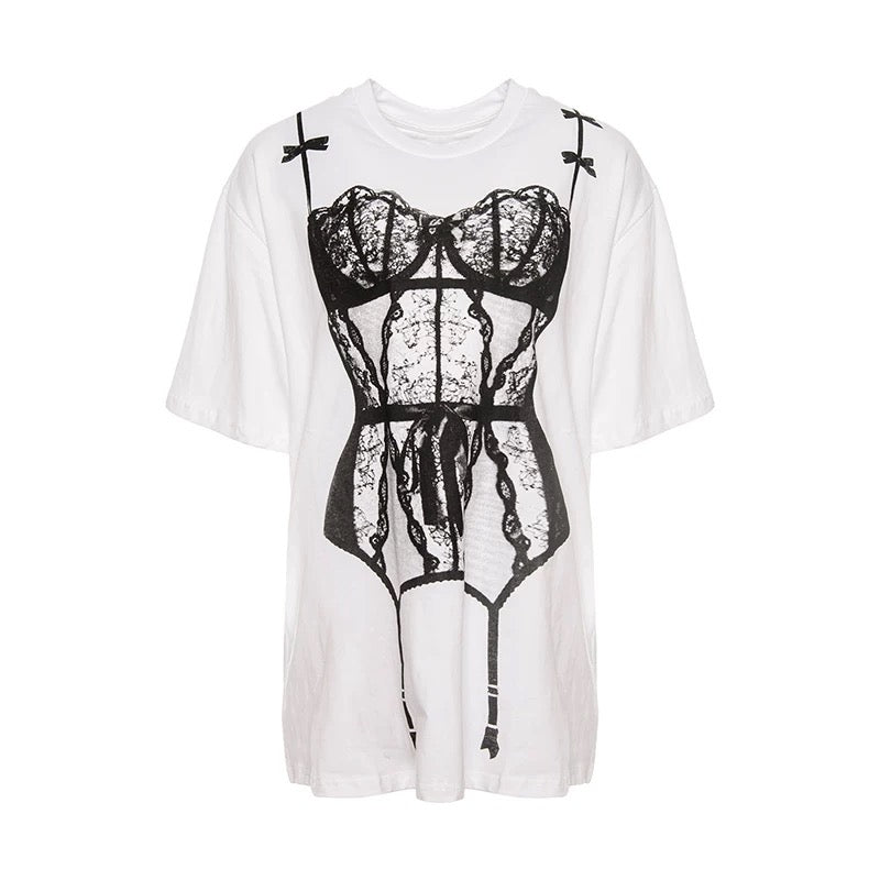 Funny bikini print oversized T-shirt for women, Y2K-inspired casual cotton tee ideal for punk fashion and American streetwear summer outfits