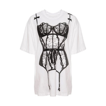 Funny bikini print oversized T-shirt for women, Y2K-inspired casual cotton tee ideal for punk fashion and American streetwear summer outfits