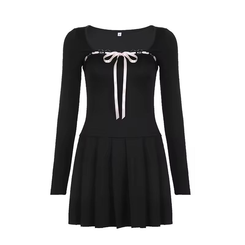Elegant Black Coquette Mini Dress with lace trim and square collar

