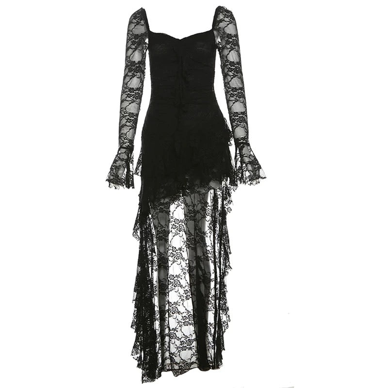 Soft grunge cyber Y2K outfit with a gothic lace fairycore dress