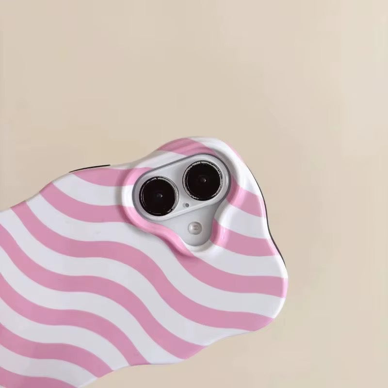 Front view of the glossy wave stripe iPhone case showcasing black and pink ripple design