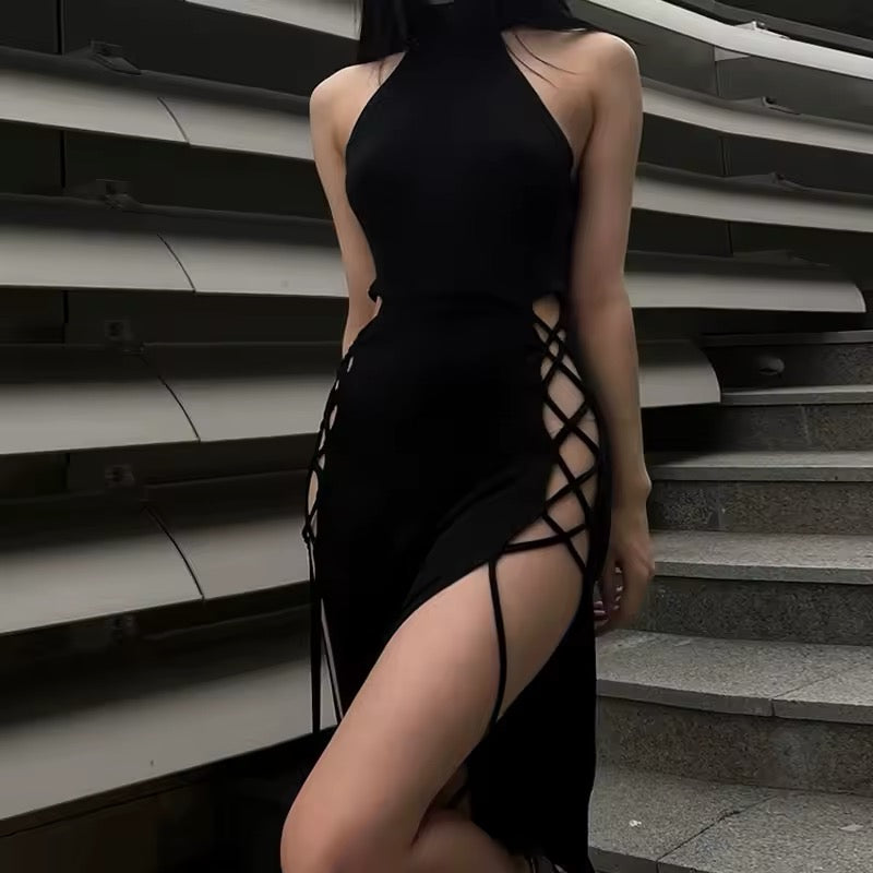 Gothic midi dress with halter neck and high slit