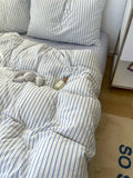Striped bedding on a bed with a white pillow and a small object on the floor.