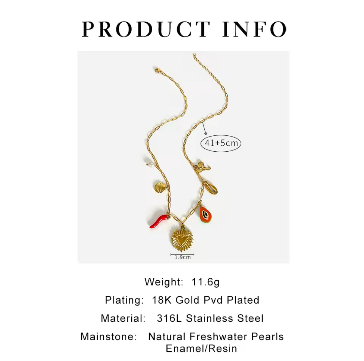 Boho aesthetic gold-plated necklace with pearl and red pepper charm