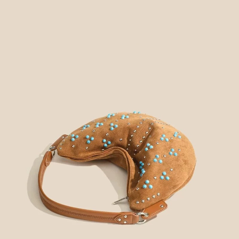 Studded beads half-moon handbag in soft brown PU leather