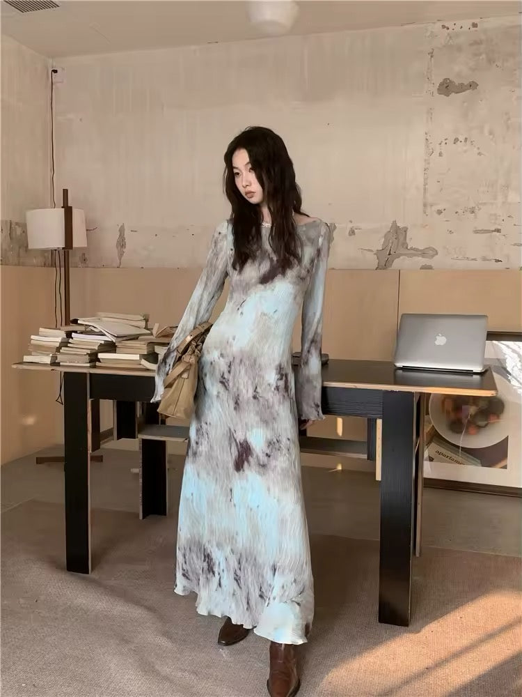 Tie Dye Flare Maxi Dress Vintage A-Line with Flare Sleeves AGCW Tie Dye Flare Maxi Dress Vintage A-Line with Flare Sleeves AGCW