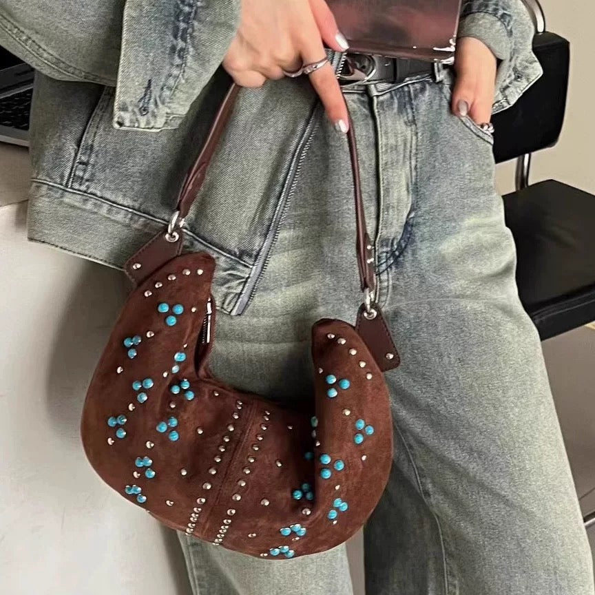 Retro tribal hobo bag for women with half-moon shape and suede texture