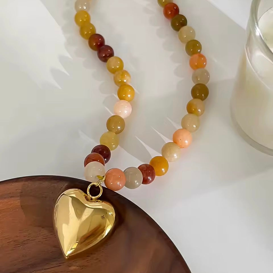 Boho heart necklace with multi-color beads and gold-plated pendant