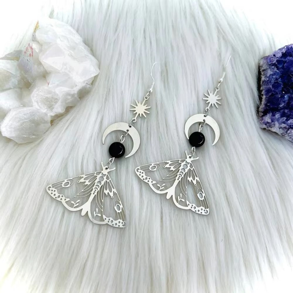 Gothic style silver earrings with moth and natural stone design