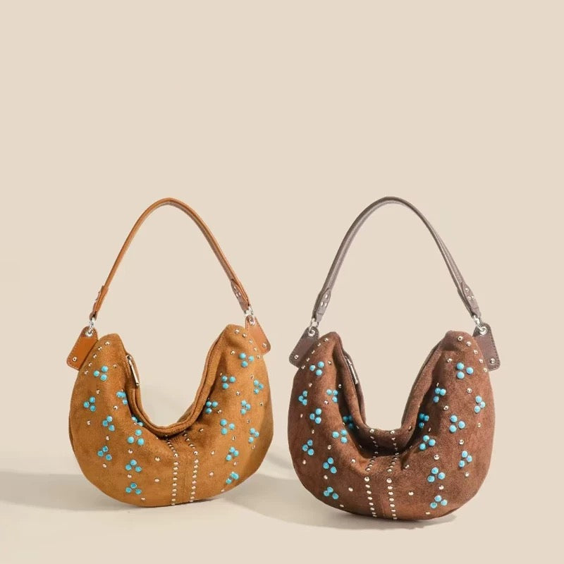 Brown tribal crossbody bag with handmade beadwork