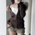 Zip-up grunge cardigan with faux fur trim