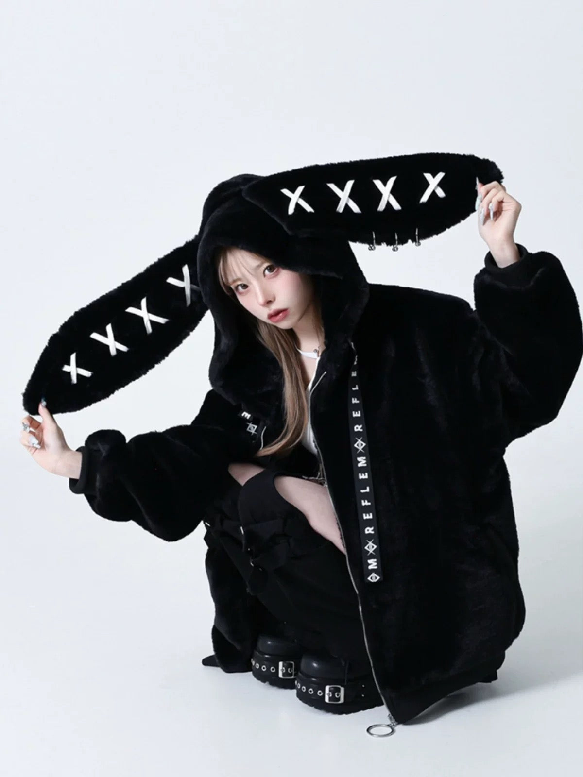 Cute fluffy faux fur hoodie with ears and zipper in punk aesthetic
