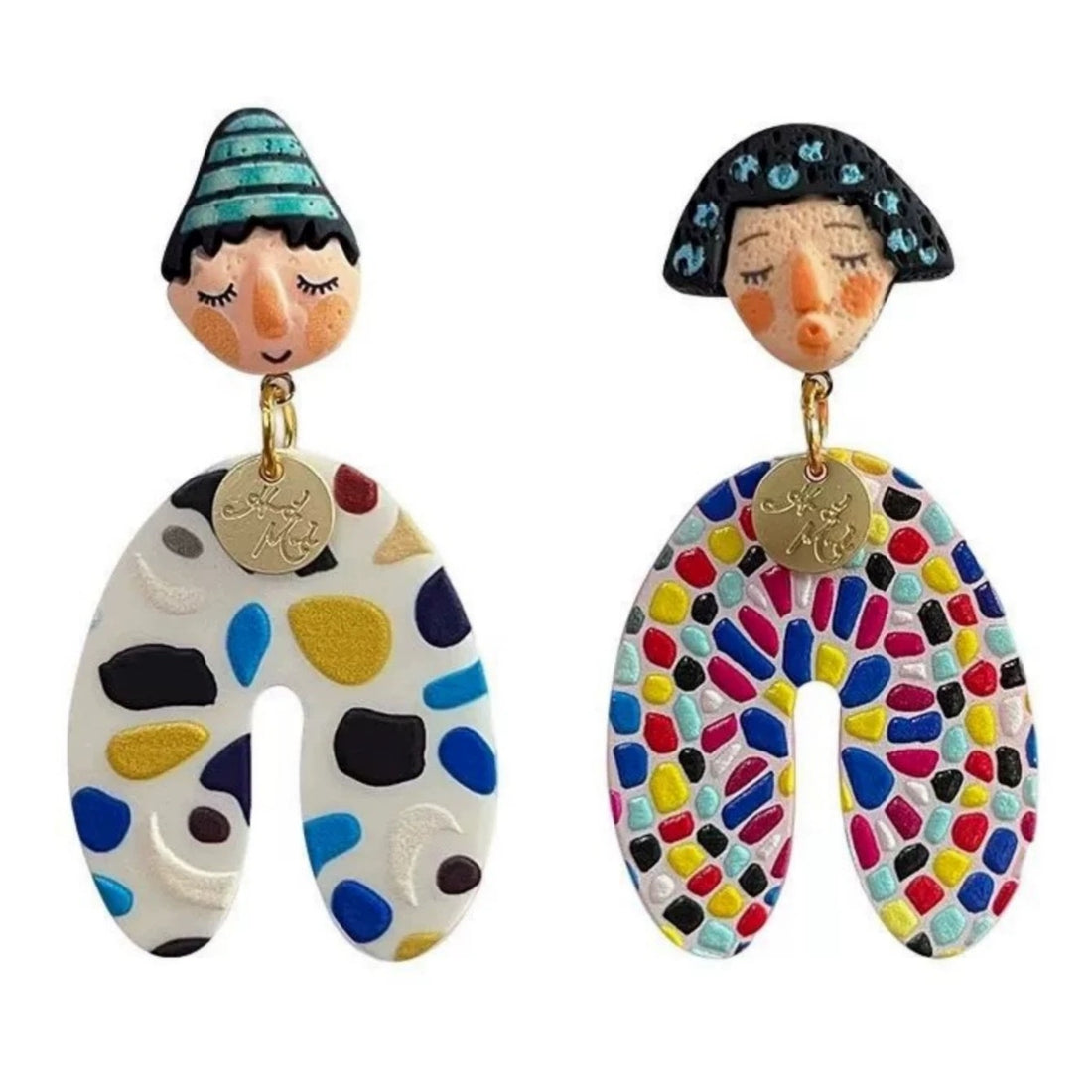 Bold asymmetrical earrings with colorful Indian cartoon faces, perfect for Y2K aesthetic streetwear and cultural style