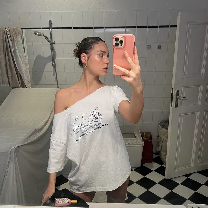 Loose-fit oversized tee with one-shoulder design