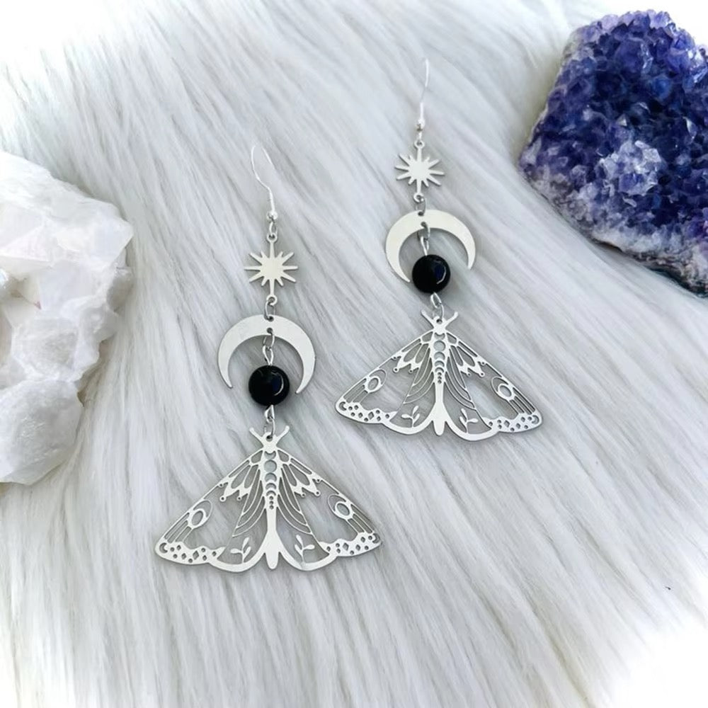 Gift for witches silver dangle earrings with celestial theme