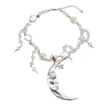Y2K aesthetic pearl choker with a celestial moon and star pendant, luxury vintage-inspired jewelry for spiritual and mystical fashion lovers