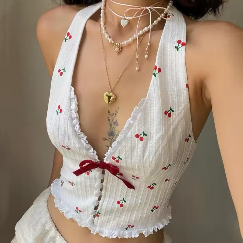 Korean-inspired sleeveless crop camis with a cherry print