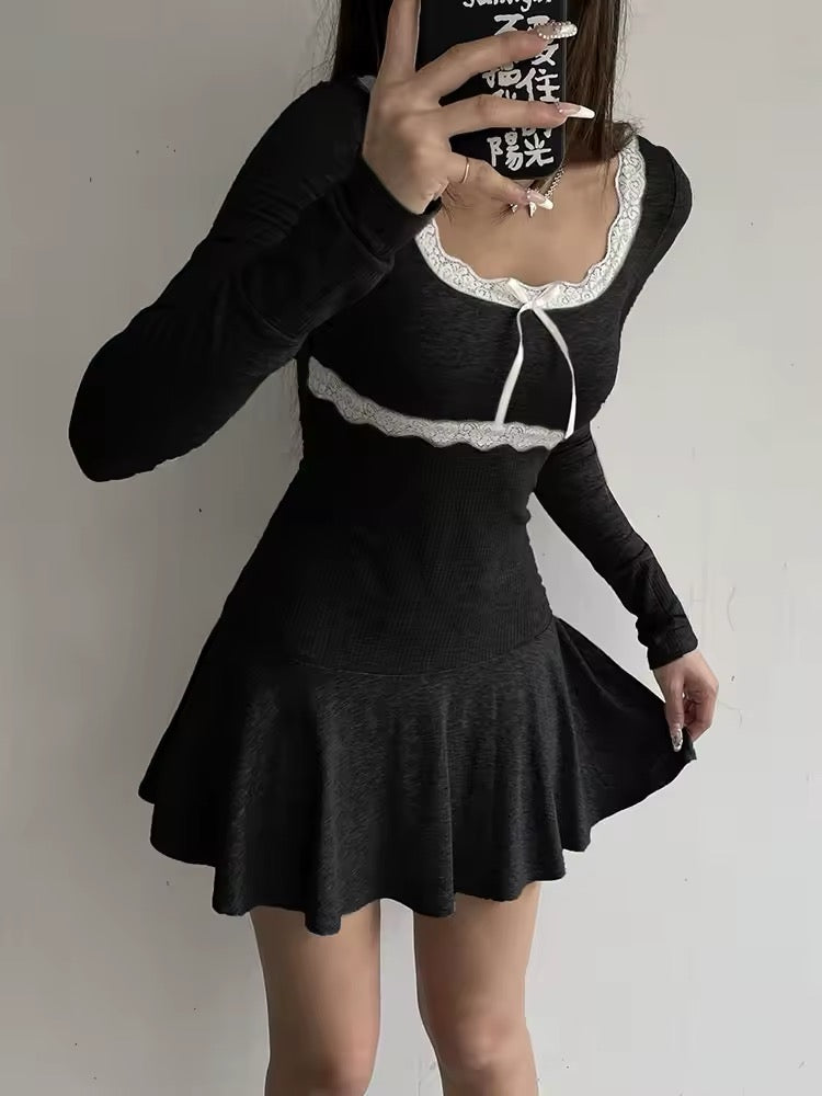 Trendy and stylish grey knitted mini dress for autumn