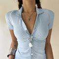 Casual preppy short sleeve striped button-up blouse for summer