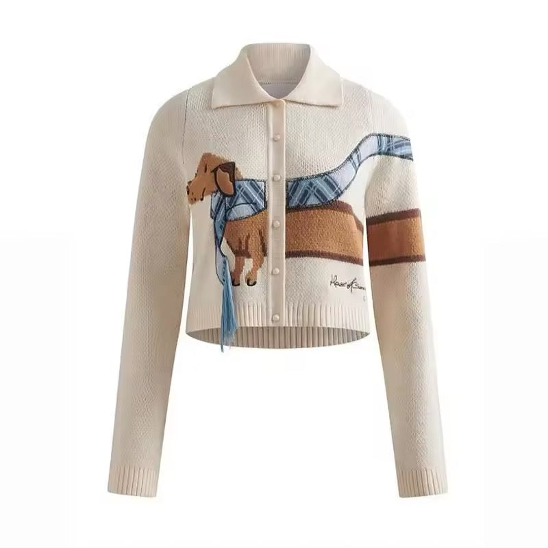 Chic dog print knit cardigan with long sleeves and buttons, cozy fall winter sweater coat for women with animal pattern design