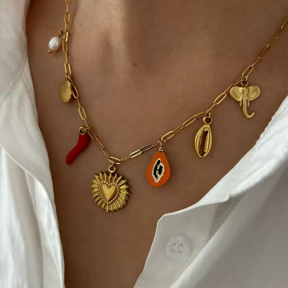 Waterproof gold summer jewelry with pearl and heart pendant
