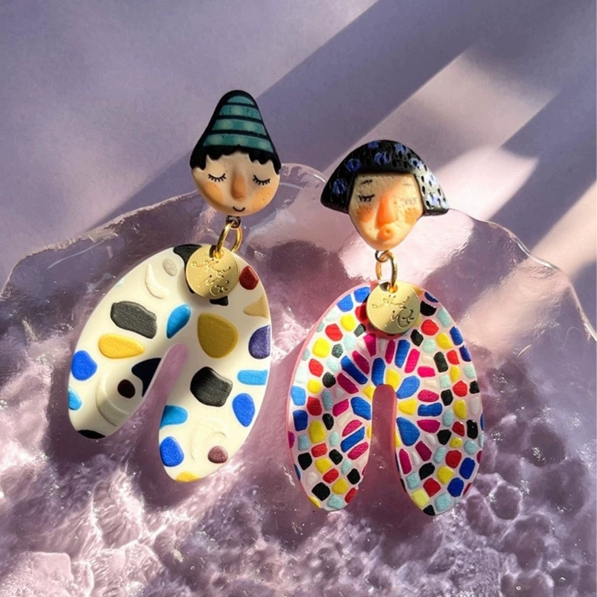Y2K cartoon earrings featuring Indian dolls and polka dots, handcrafted resin statement jewelry for vibrant ethnic fashion lovers