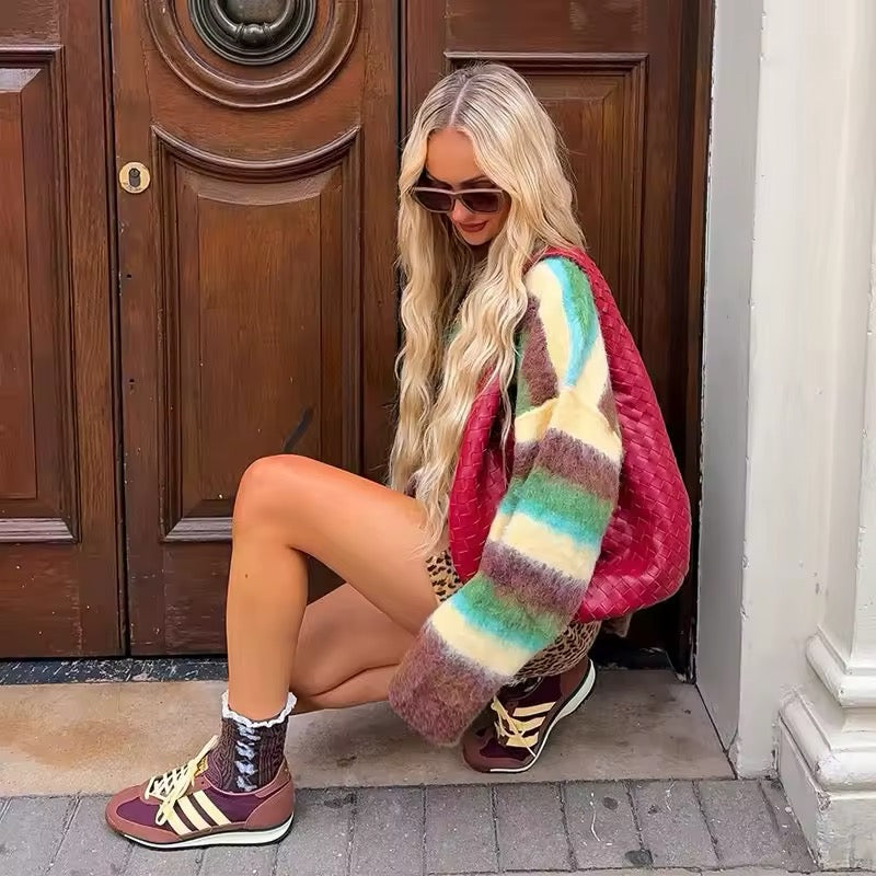 Colorful mohair striped sweater styled with jeans