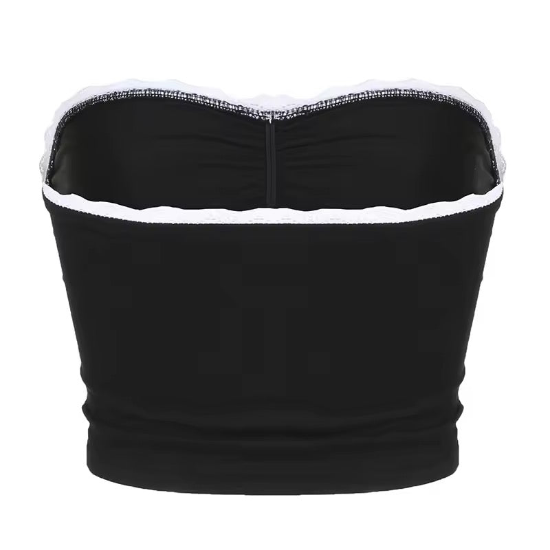 Dark coquette tube top with contrast bow stitching and lace trim