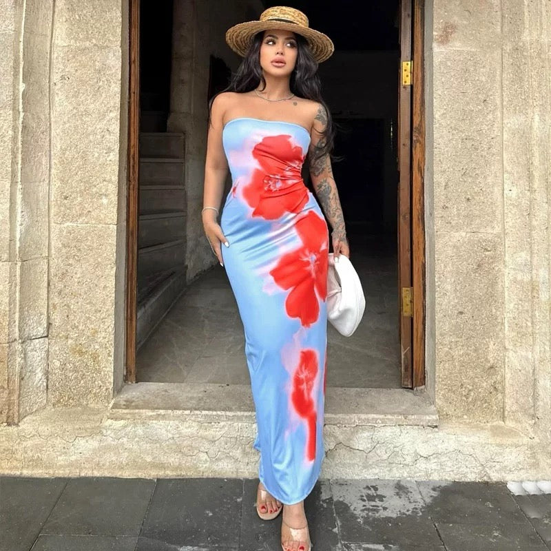 Women’s maxi dress for summer with bare shoulders