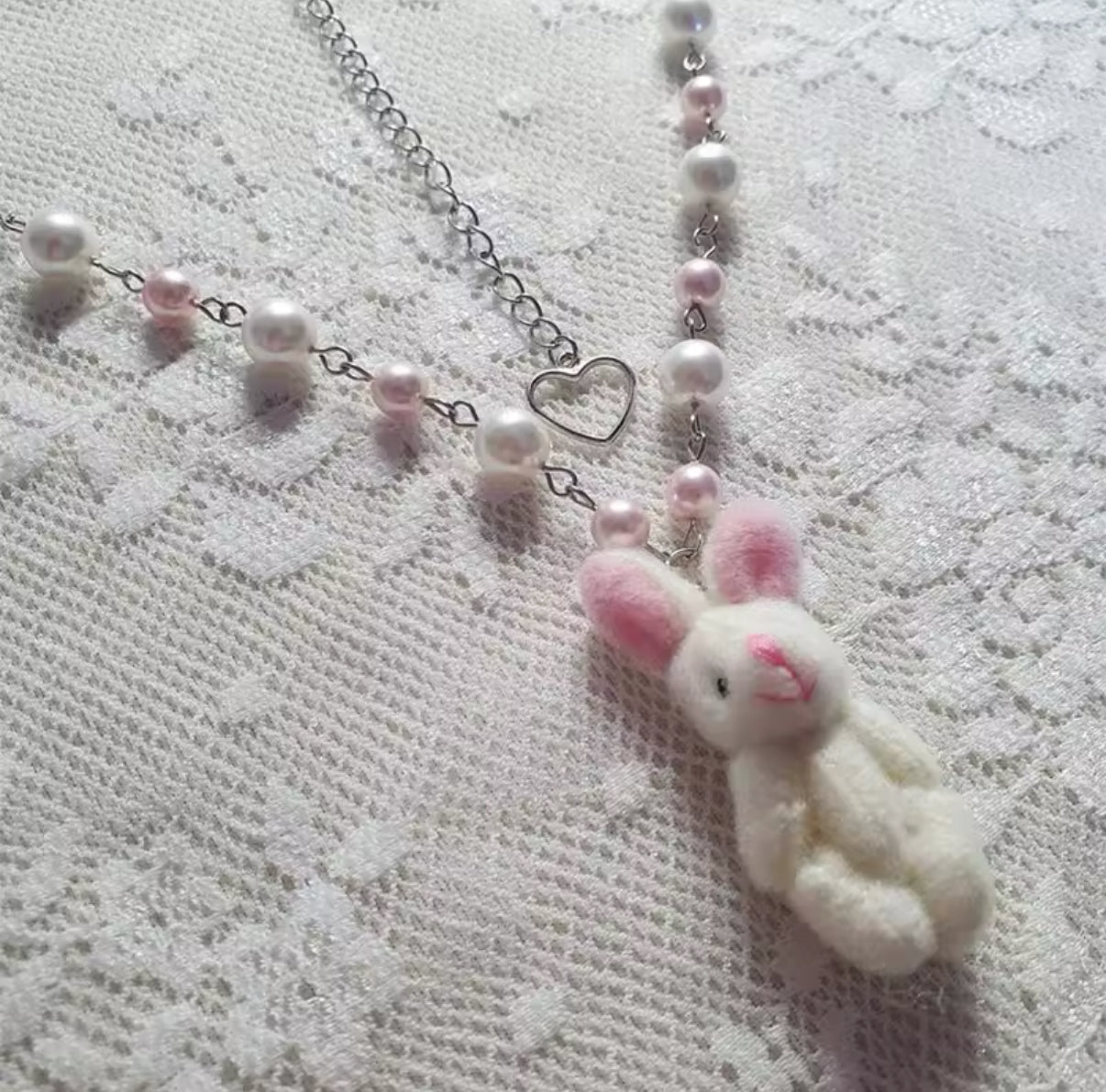 Y2K-inspired kawaii bunny necklace with a cute plush pendant, coquette aesthetic jewelry, soft girl style, and trendy fashion statement piece