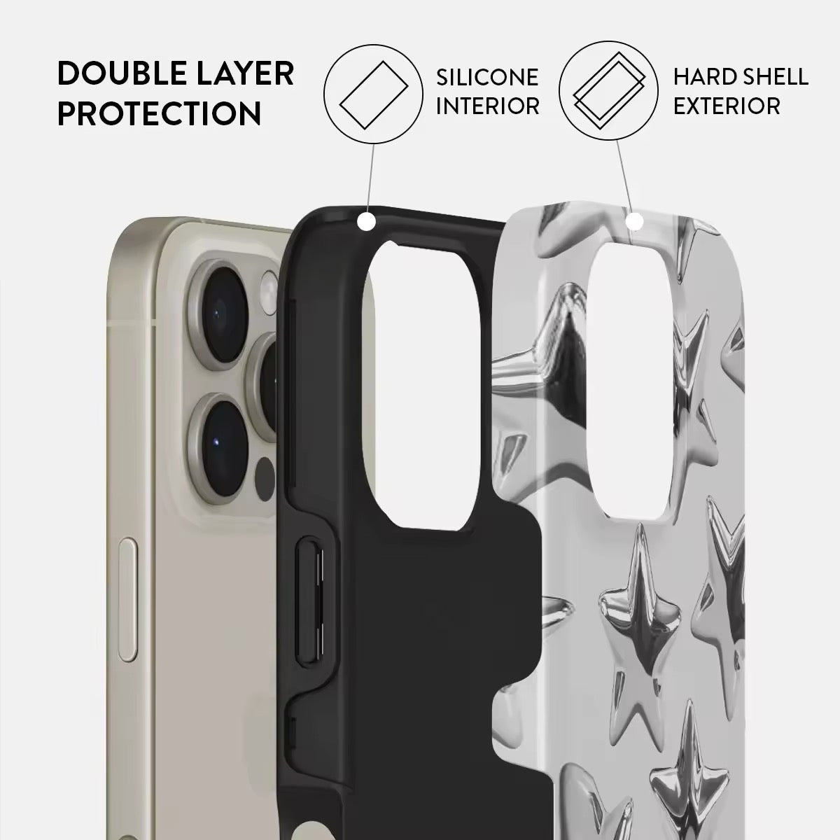 Back view displaying the shimmering silver stars and snug fit on iPhone