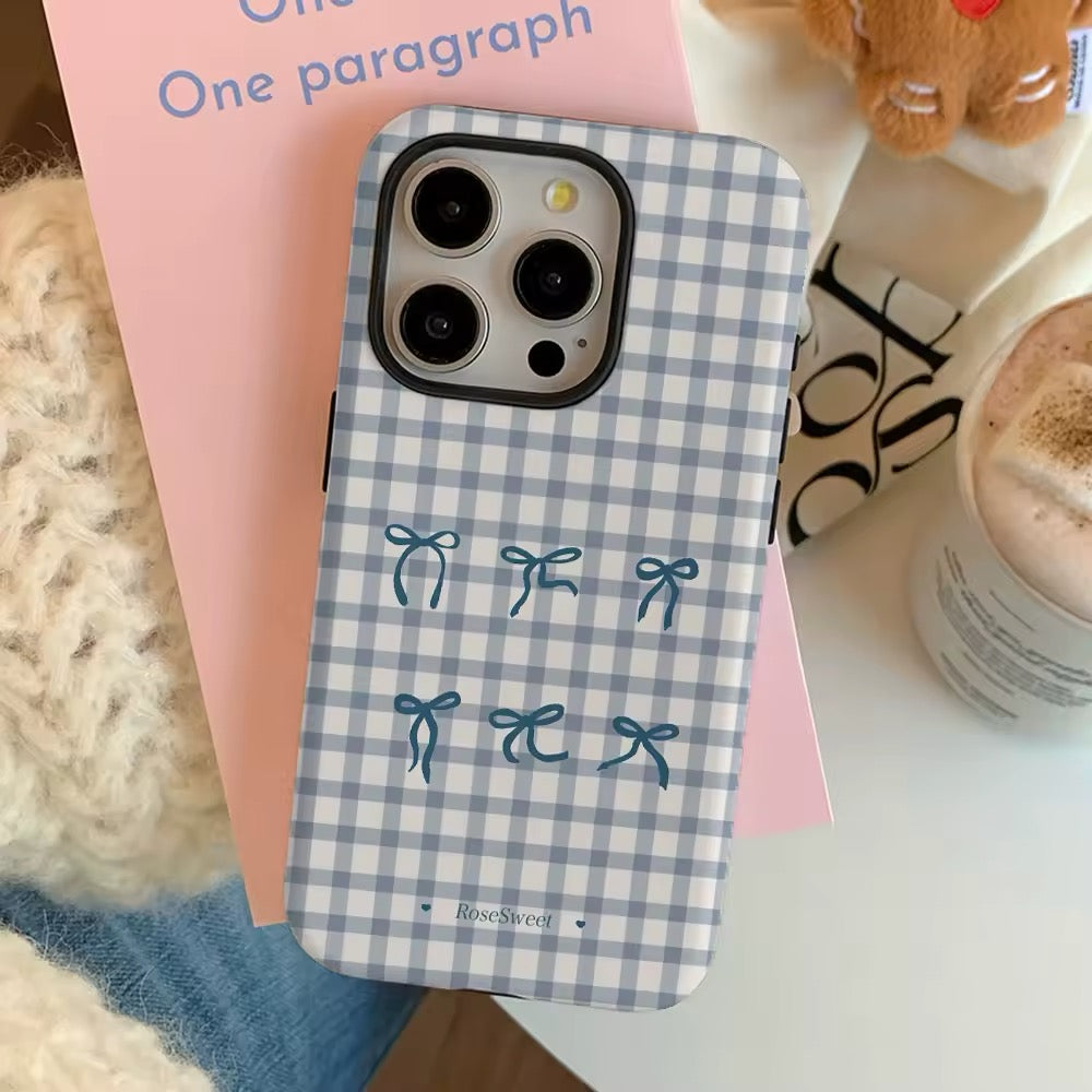 Coquette Bow Grid iPhone Case with Blue Plaid Aesthetic Design
