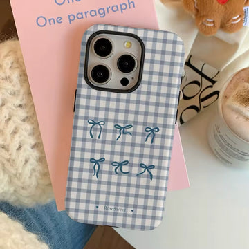 Coquette Bow Grid iPhone Case with Blue Plaid Aesthetic Design
