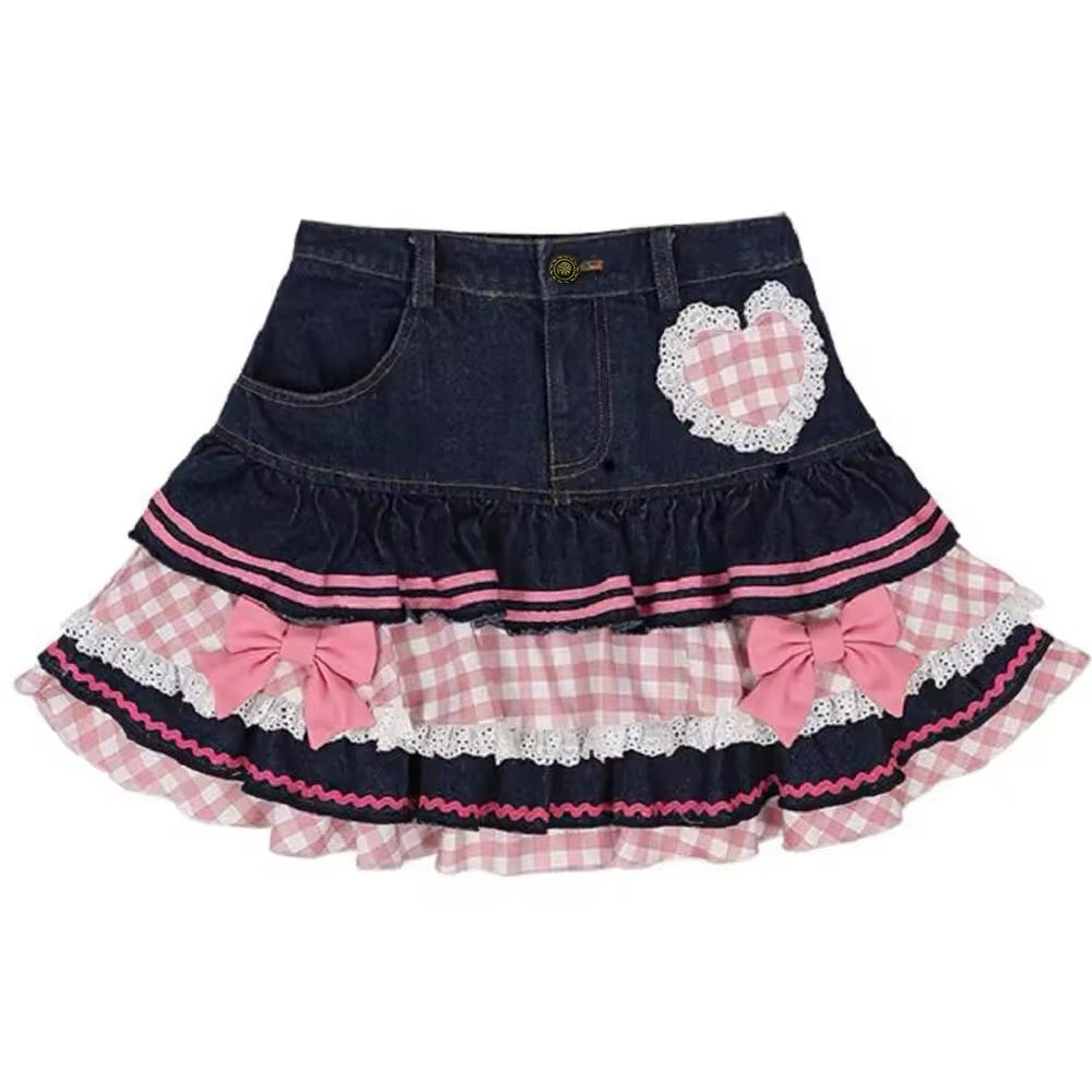 Kawaii denim skirt with pink bows and lace ruffles for coquette outfits