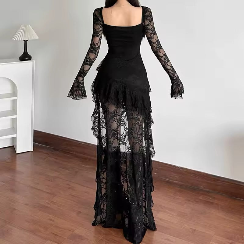Black lace fairycore dress with an elegant sweetheart neckline