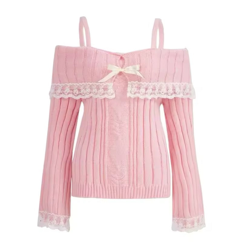 Coquette pink off shoulder knit sweater with lace