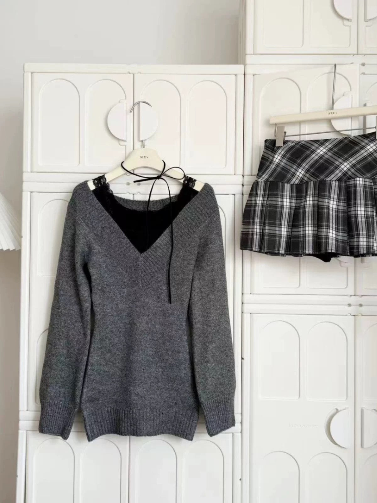 AGCW soft girl look with grey knit top and pleated skirt