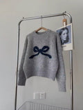 Coquette gray pullover sweater with round neck and bow