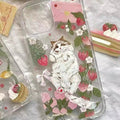 Cottagecore Cat iPhone Case with Hand-Painted Strawberry & Rose Design
